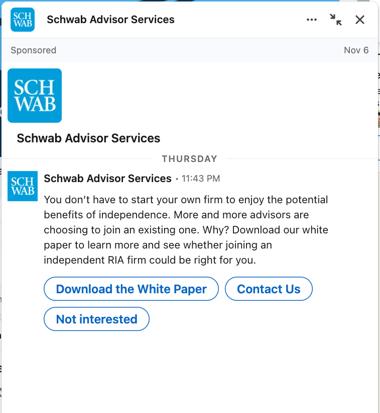 Screenshot of a LinkedIn conversation ad