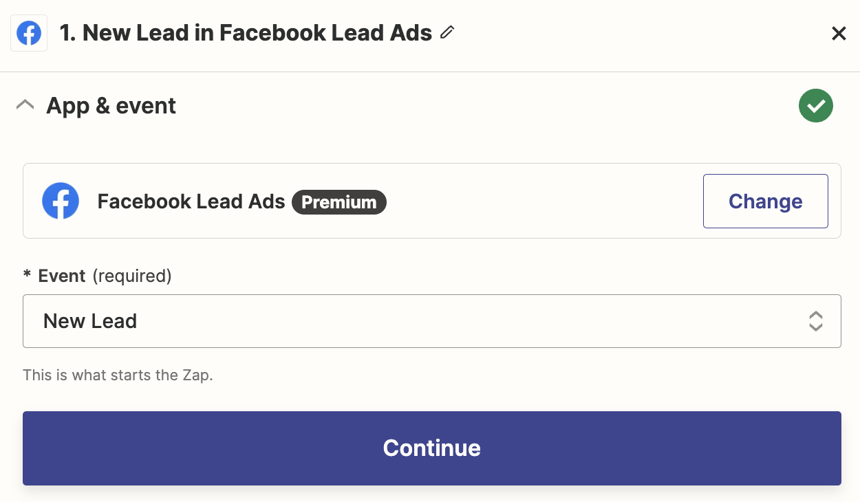A trigger step in the Zap editor with Facebook Lead Ads selected for the trigger app and New Lead for the trigger event.
