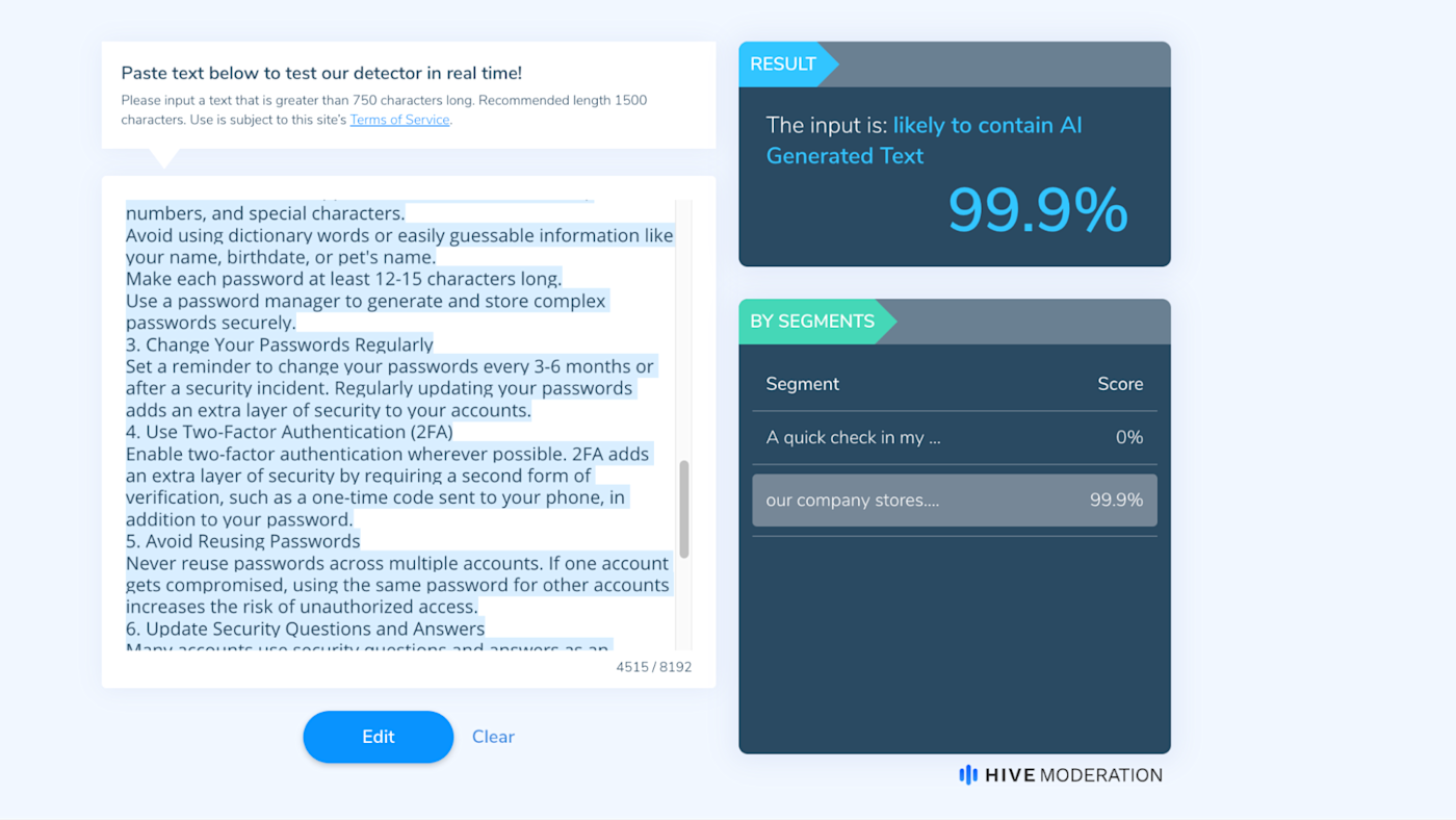 Hive, our pick for one of the best AI content detectors