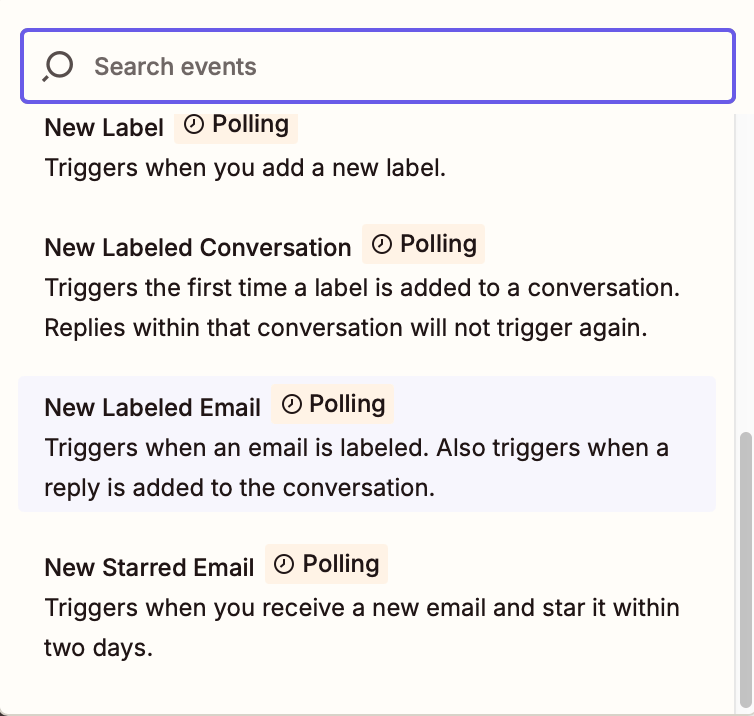 A dropdown menu in the Event field with New Labelled Email selected in the dropdown.