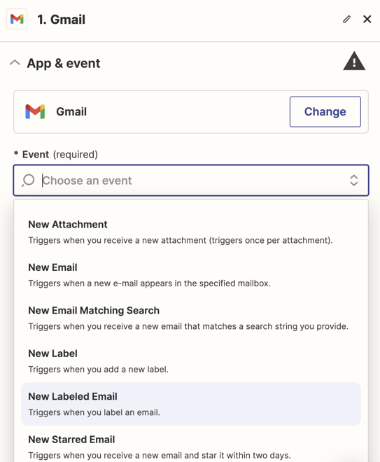 A dropdown menu in the Event field with New Labelled Email selected in the dropdown.