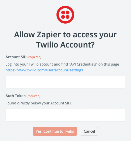 An authorization pop-up window asking for your Twilio account SID and auth token.