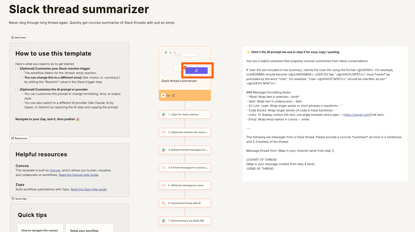 The Slack thread summarize template in Zapier Canvas, with an orange box around the View asset button.