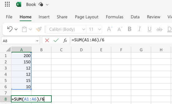 Screenshot of Excel formula with a function and manual calculation