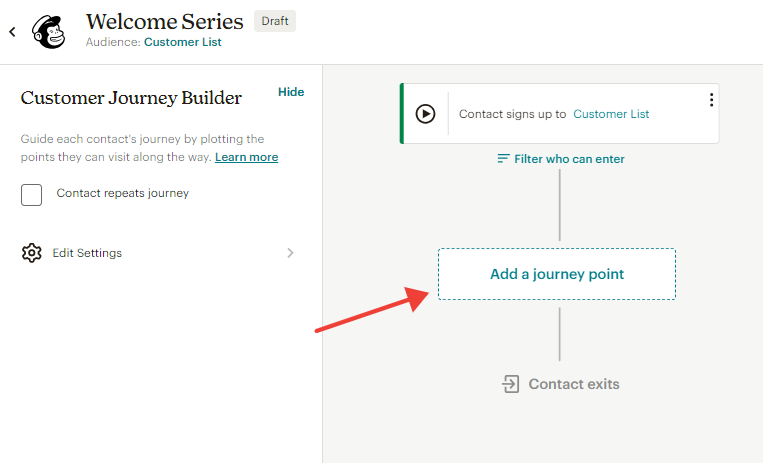 Adding a journey point for an automated email campaign in Mailchimp