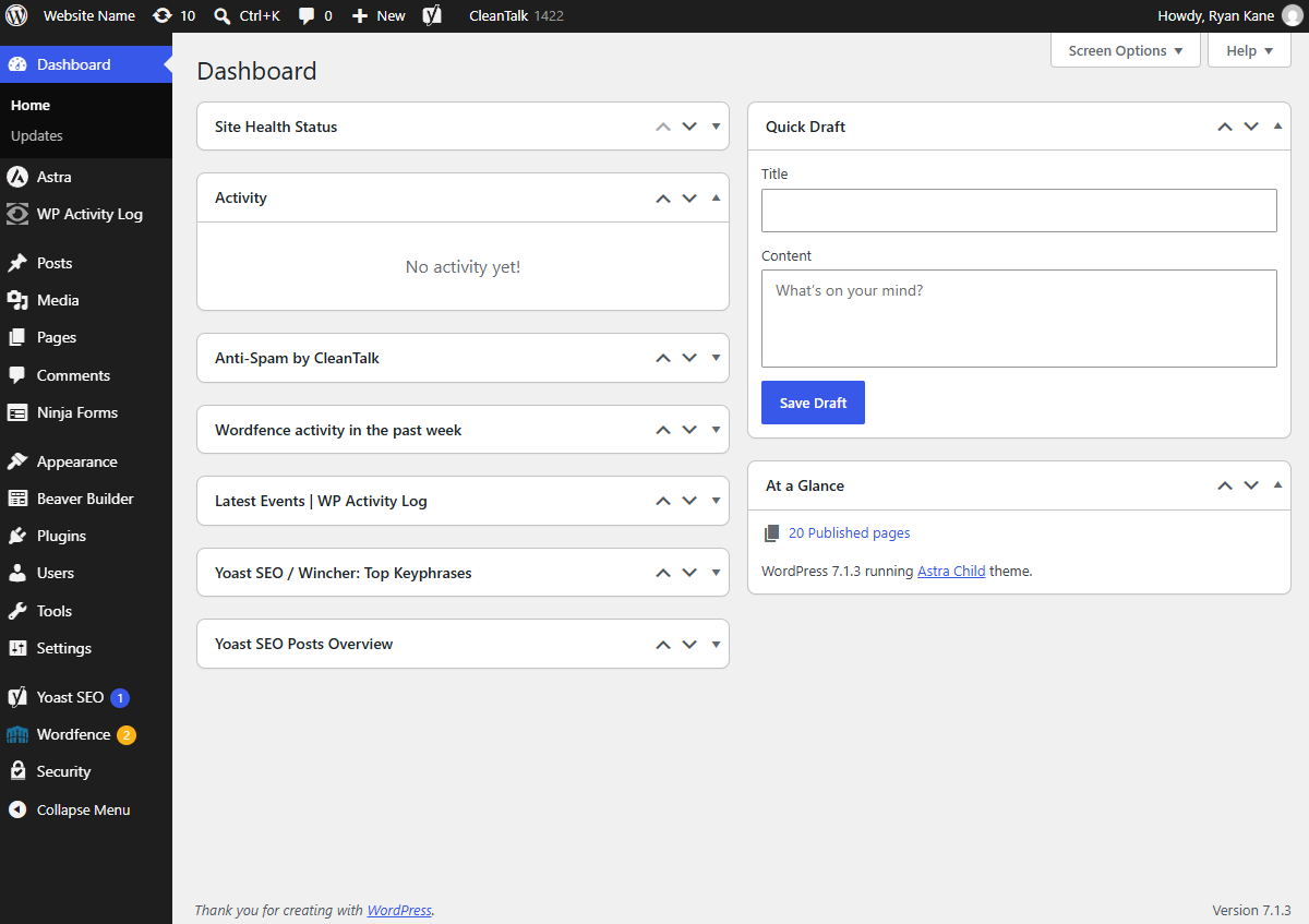 A dashboard in WordPress