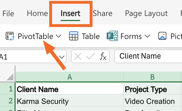 Click Insert and PivotTable to create a pivot table in Excel.