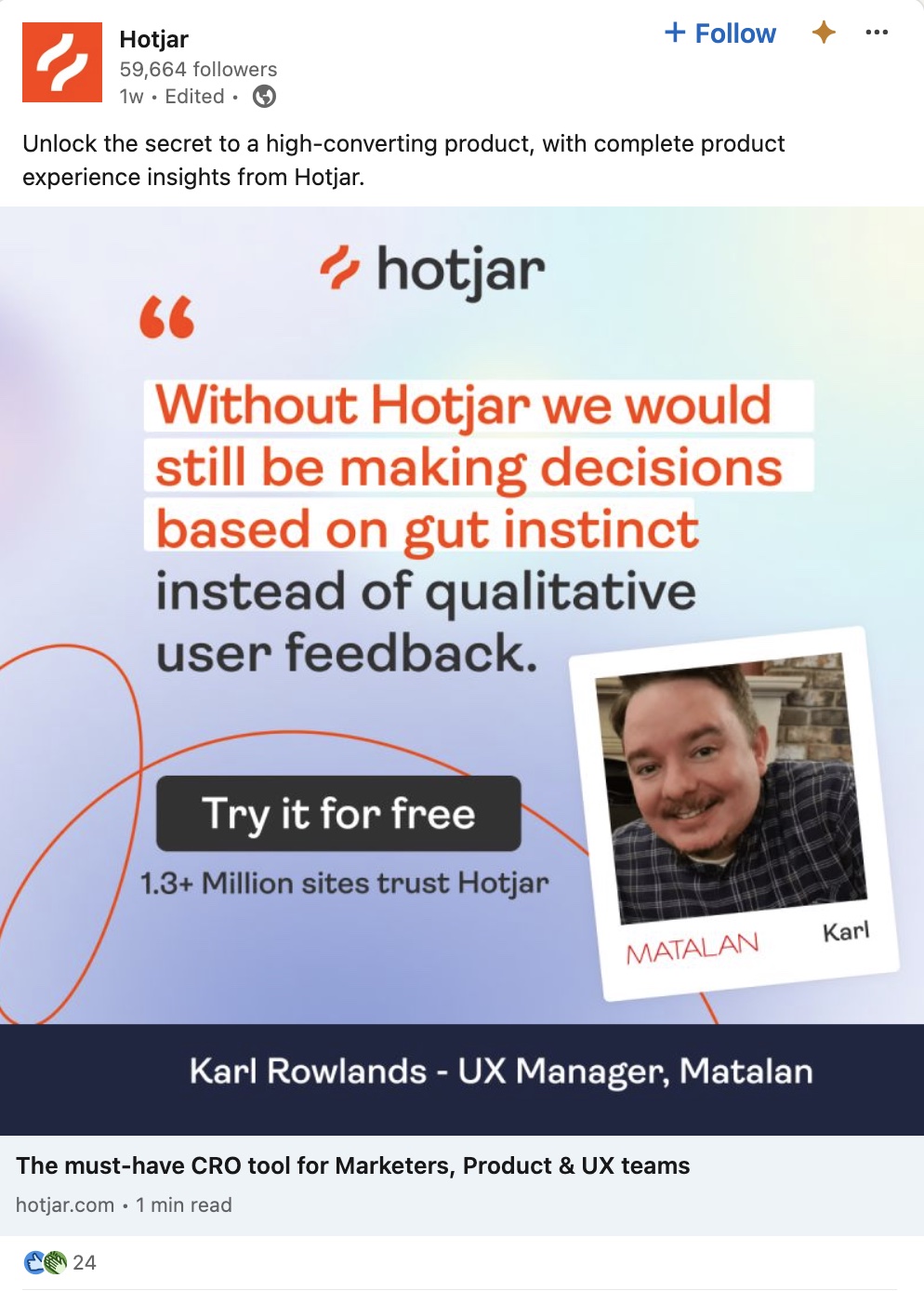 Hotjar's targeted image ad on LinkedIn