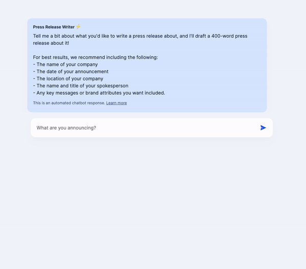 A GIF demonstrating an AI chatbot that automatically creates a press release after the user submits some information.