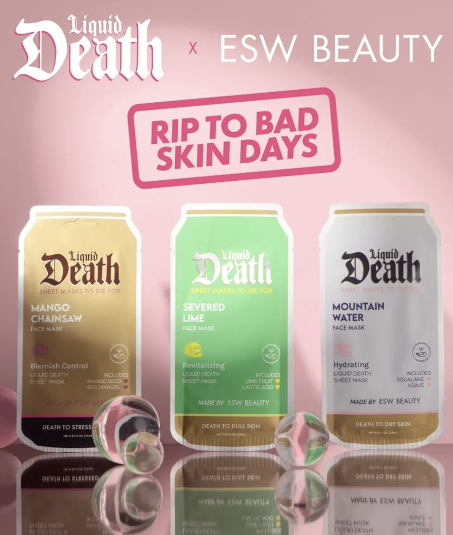 A marketing campaign example from ESW Beauty and Liquid Death.