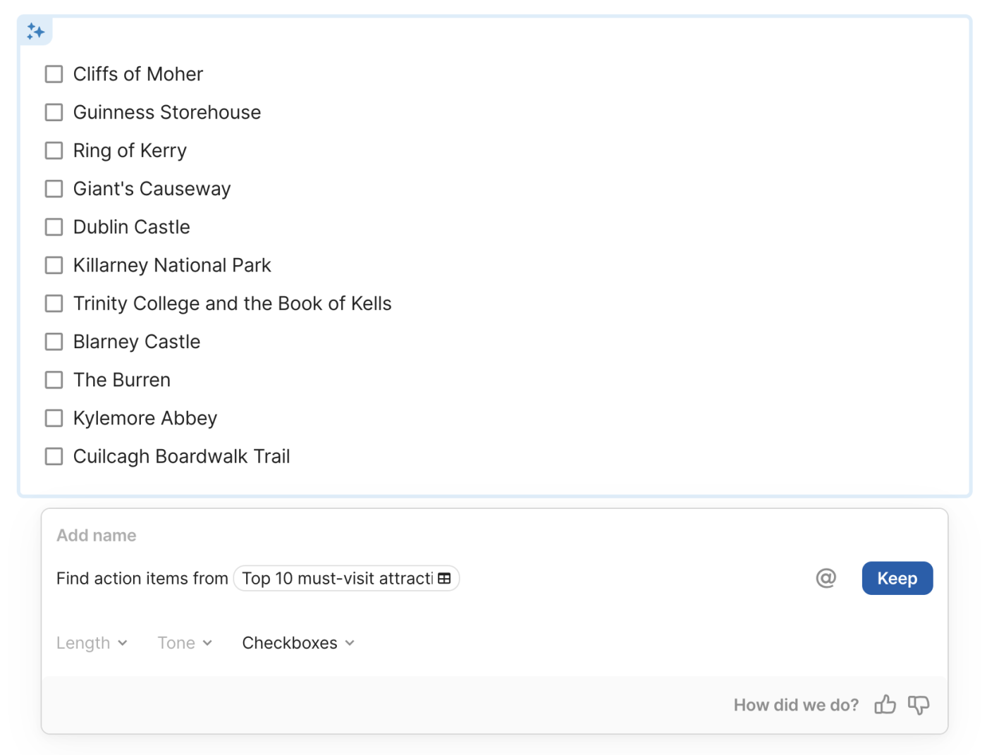 AI-generated checklist in an AI block based on the prompt "Find action items from Top 10 Must-Visit Places in Ireland."