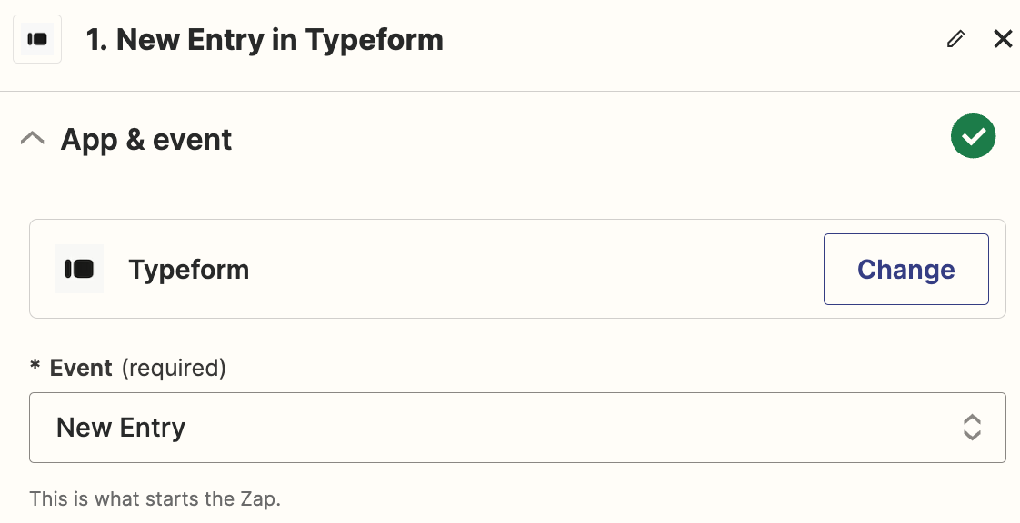 A trigger step in the Zap editor with Typeform selected for the trigger app and New Entry selected for the trigger event.