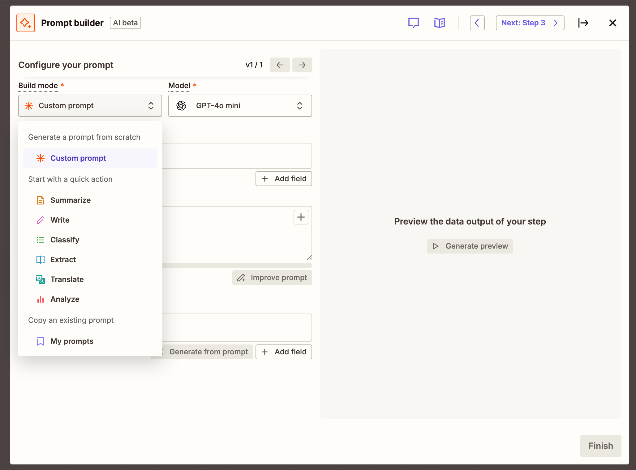An AI step from a deterministic AI workflow in Zapier