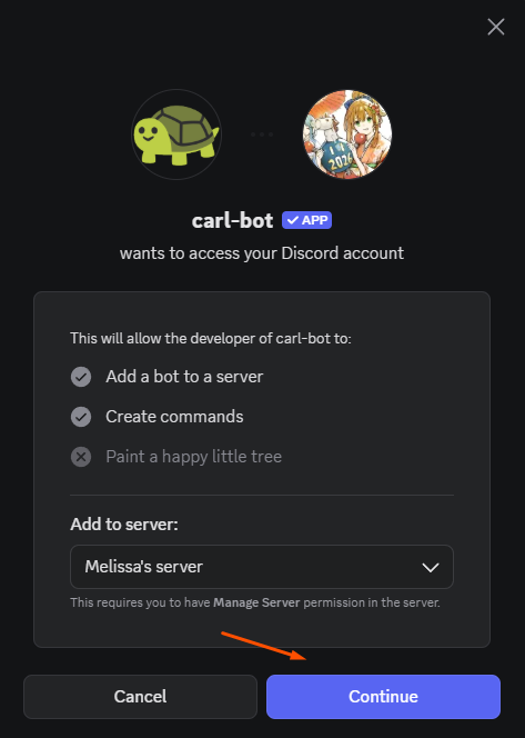 Clicking continue to add the app