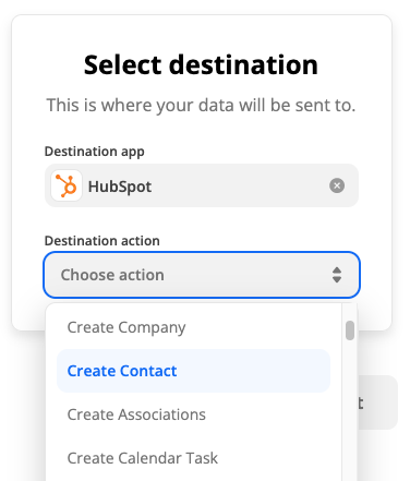 A dropdown menu of available data types to select for a destination app. The article example is HubSpot.