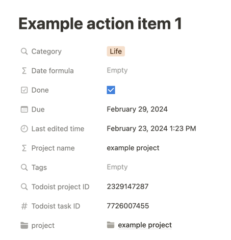 Screenshot of a Notion database item with the "Todoist task ID" property circled