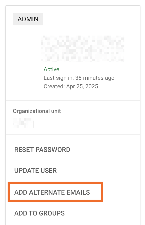 How to add alternate emails in Google Workspace admin console.
