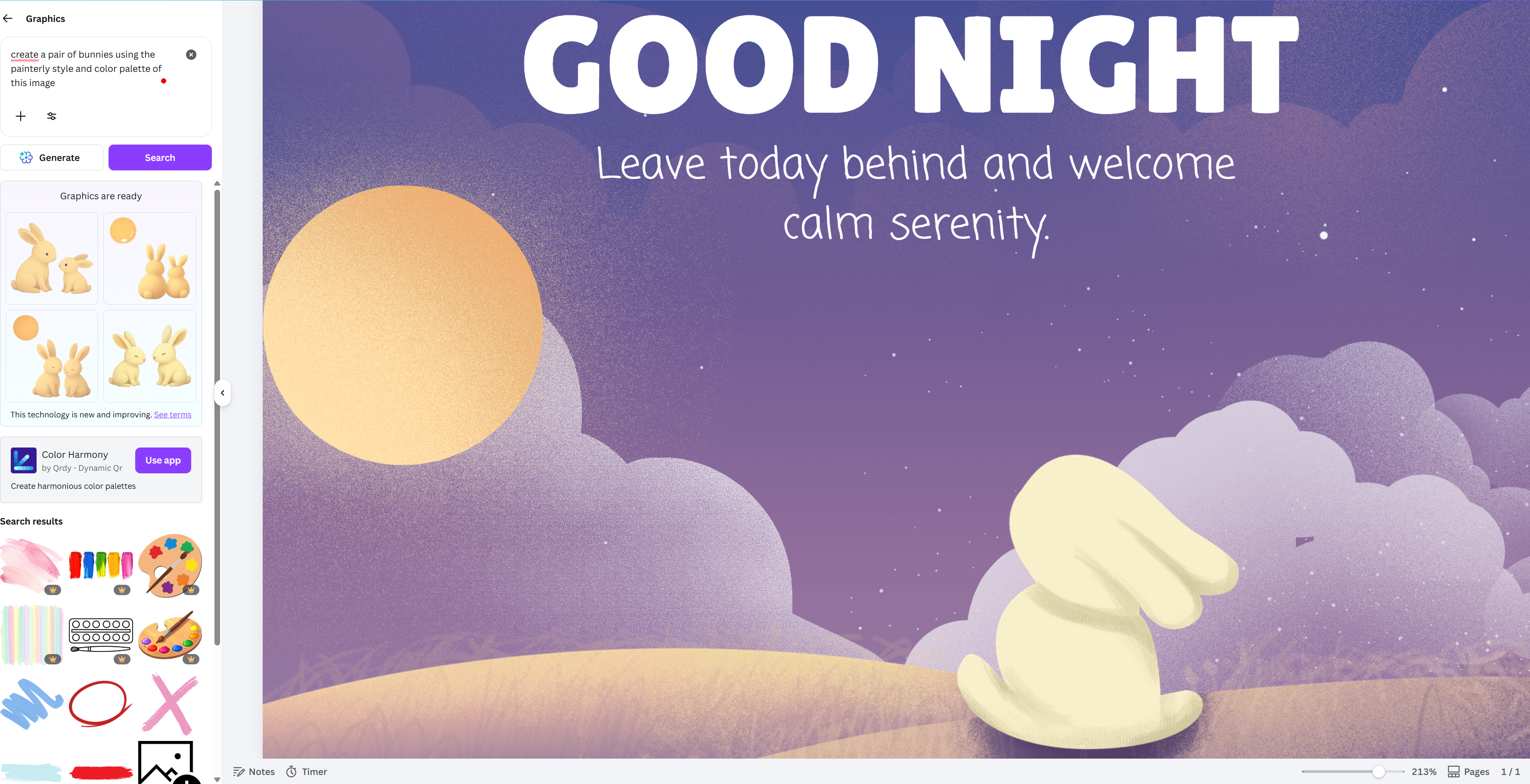 A screenshot of a Canva project, featuring a calm evening sky and moon in the background and a bunny in the foreground. On the left side there's a generative AI feature open, which has been asked to generate similar looking bunnies.