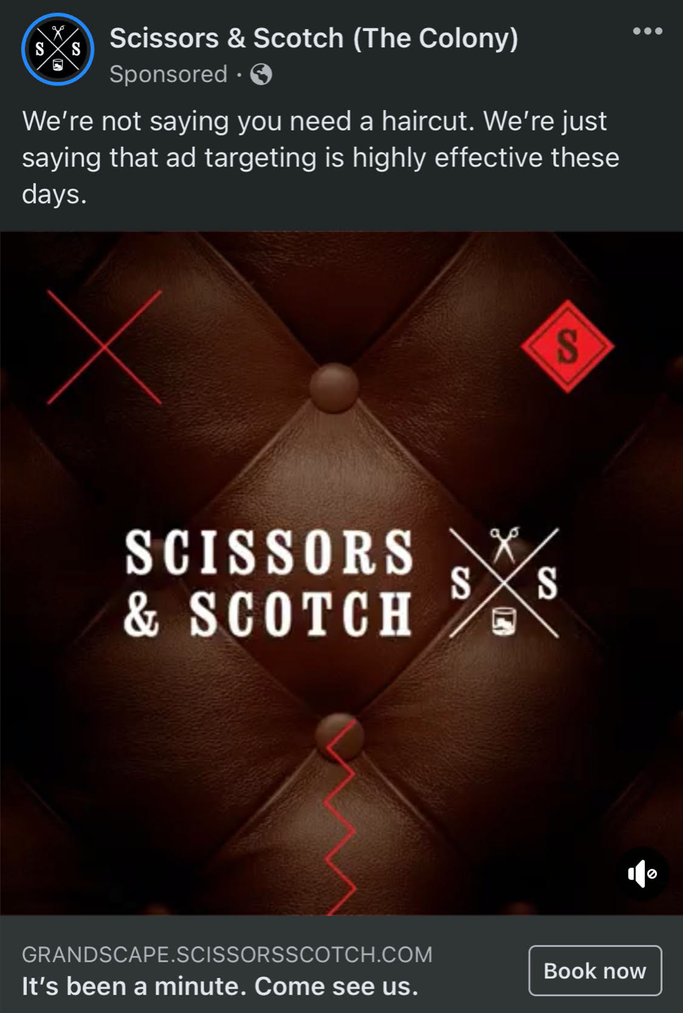 A screenshot of Scissors and Scotch's Facebook ad