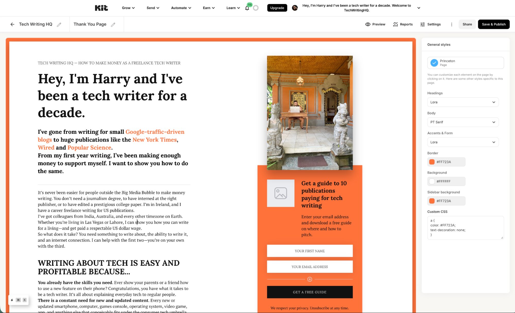 Kit, our pick for the best landing page builder for driving email newsletter signups