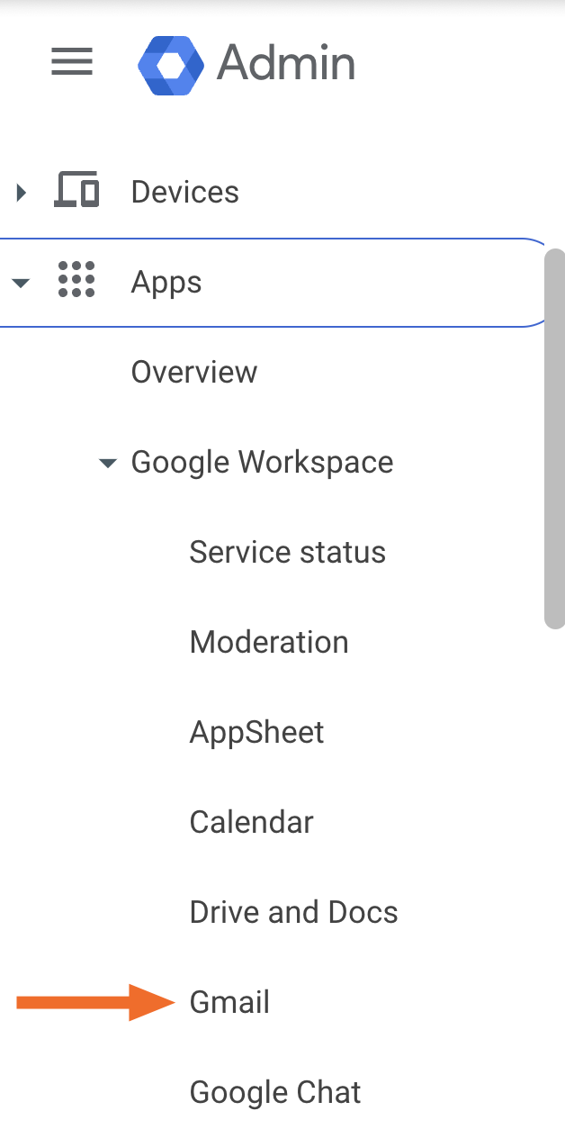 Arrow pointing to the Gmail settings section in Google Workspace.