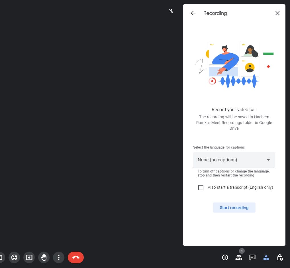 Screenshot of where to click on "Start recording" on the right side of the screen in Google Meet
