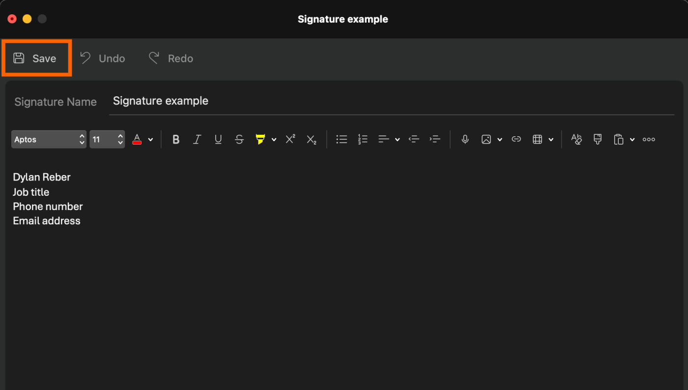Screenshot of the save button on the edit signature pop-up window in Outlook