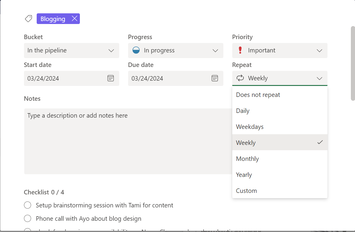 Setting up recurring tasks in Microsoft Planner