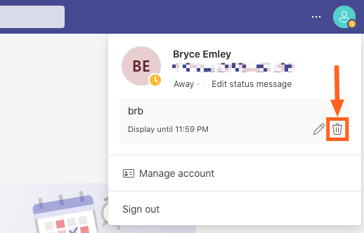 Screenshot of Teams 365 profile menu with delete status message icon highlighted.