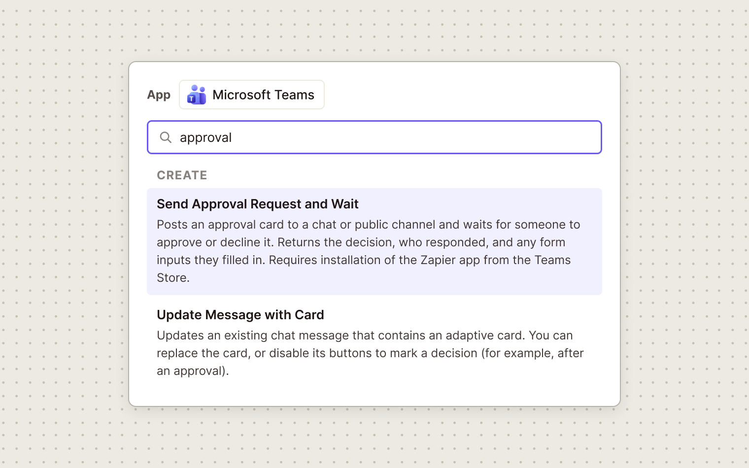Illustration of the Zapier Action event list for Microsoft Teams with approval typed in the search box, showing the Create group with Send Approval Request and Wait highlighted and Update Message with Card below it, each with its description.