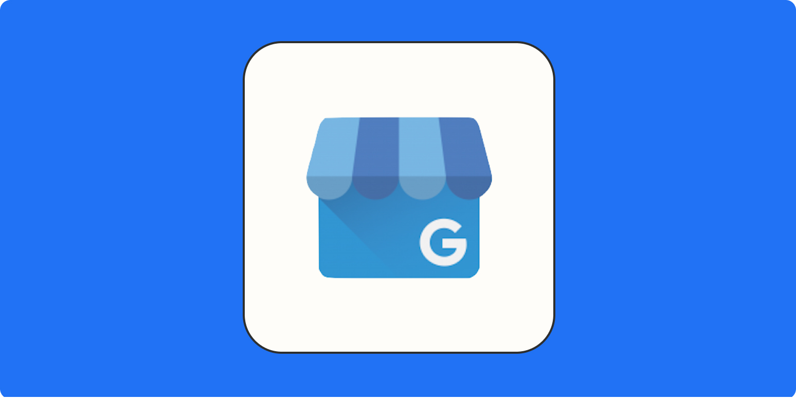 A hero image for Google My Business app tips with the Google My Business logo on a blue background