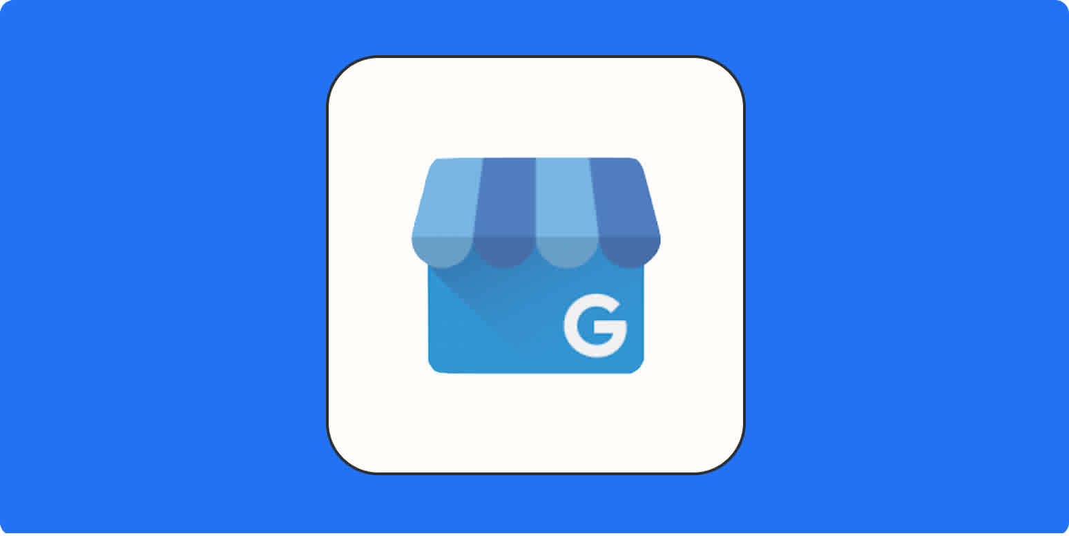A hero image for Google My Business app tips with the Google My Business logo on a blue background