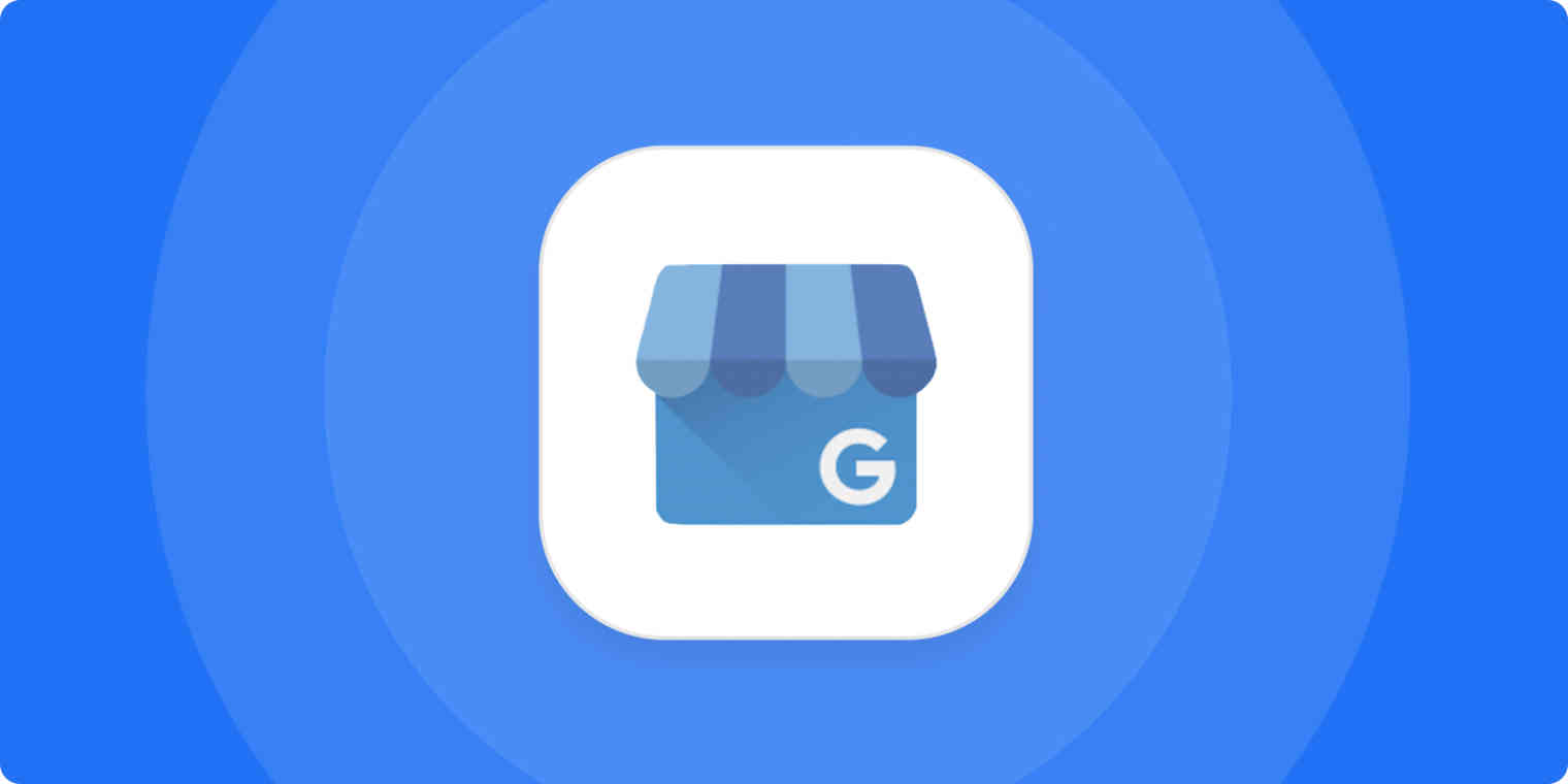A hero image for Google My Business app tips with the Google My Business logo on a blue background