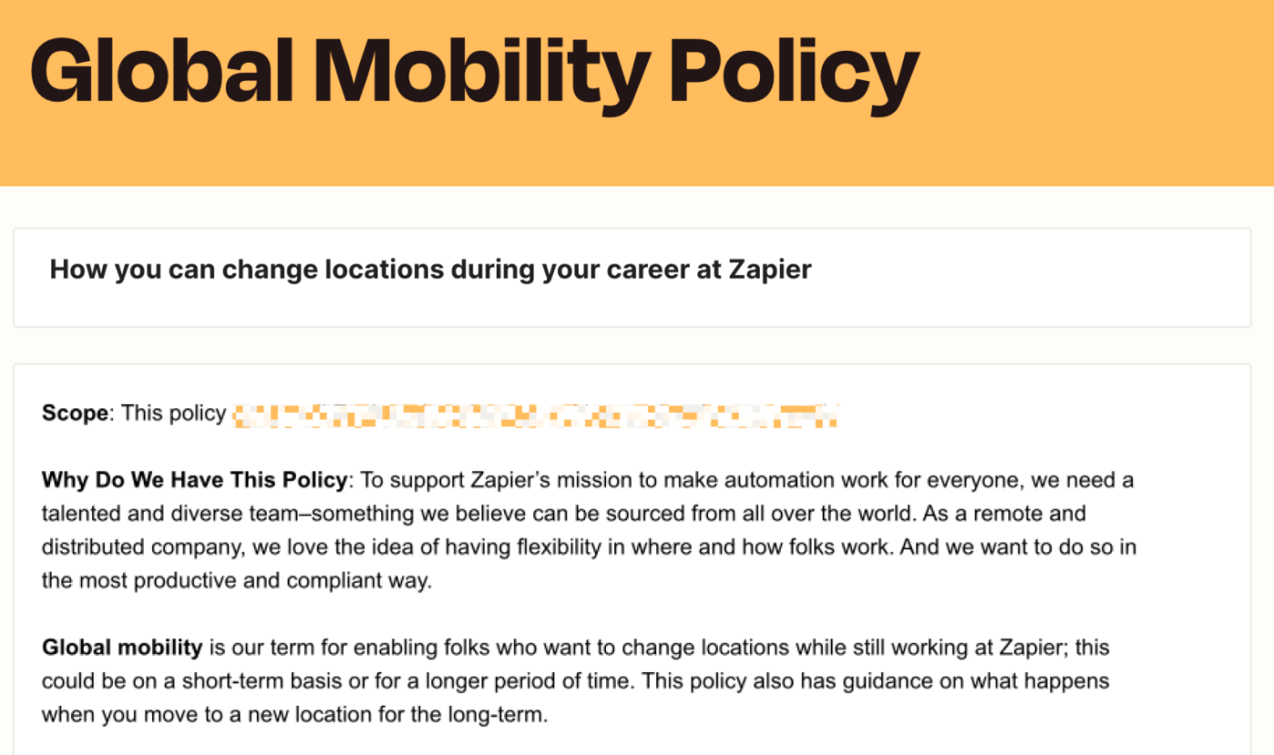 A screenshot of Zapier's global mobility policy on its internal blog