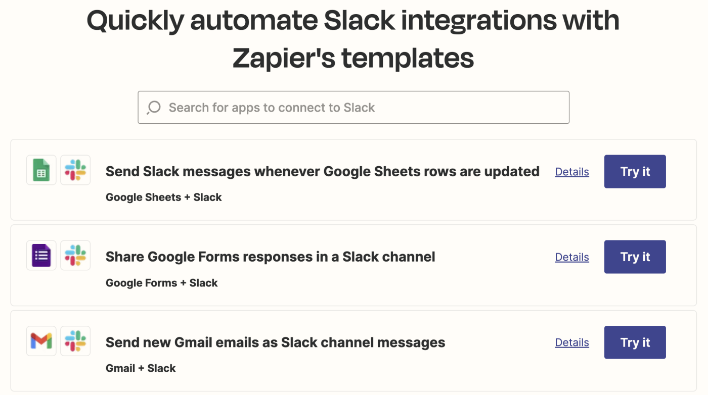 The Slack integration page in the Zapier App Directory.