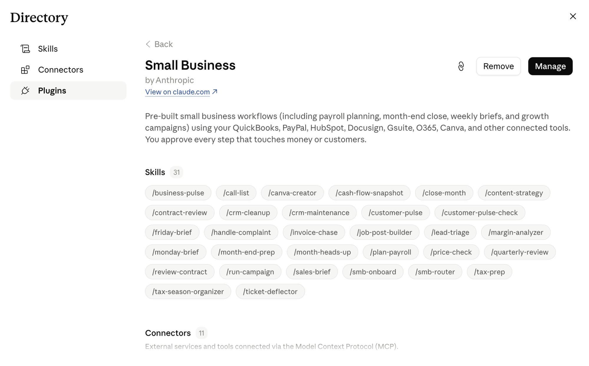List of pre-loaded skills with Claude for small business.