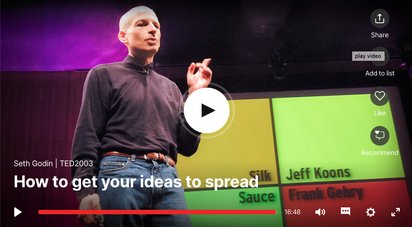 A screenshot of Seth Godin's TED Talk, "How to get your ideas to spread"