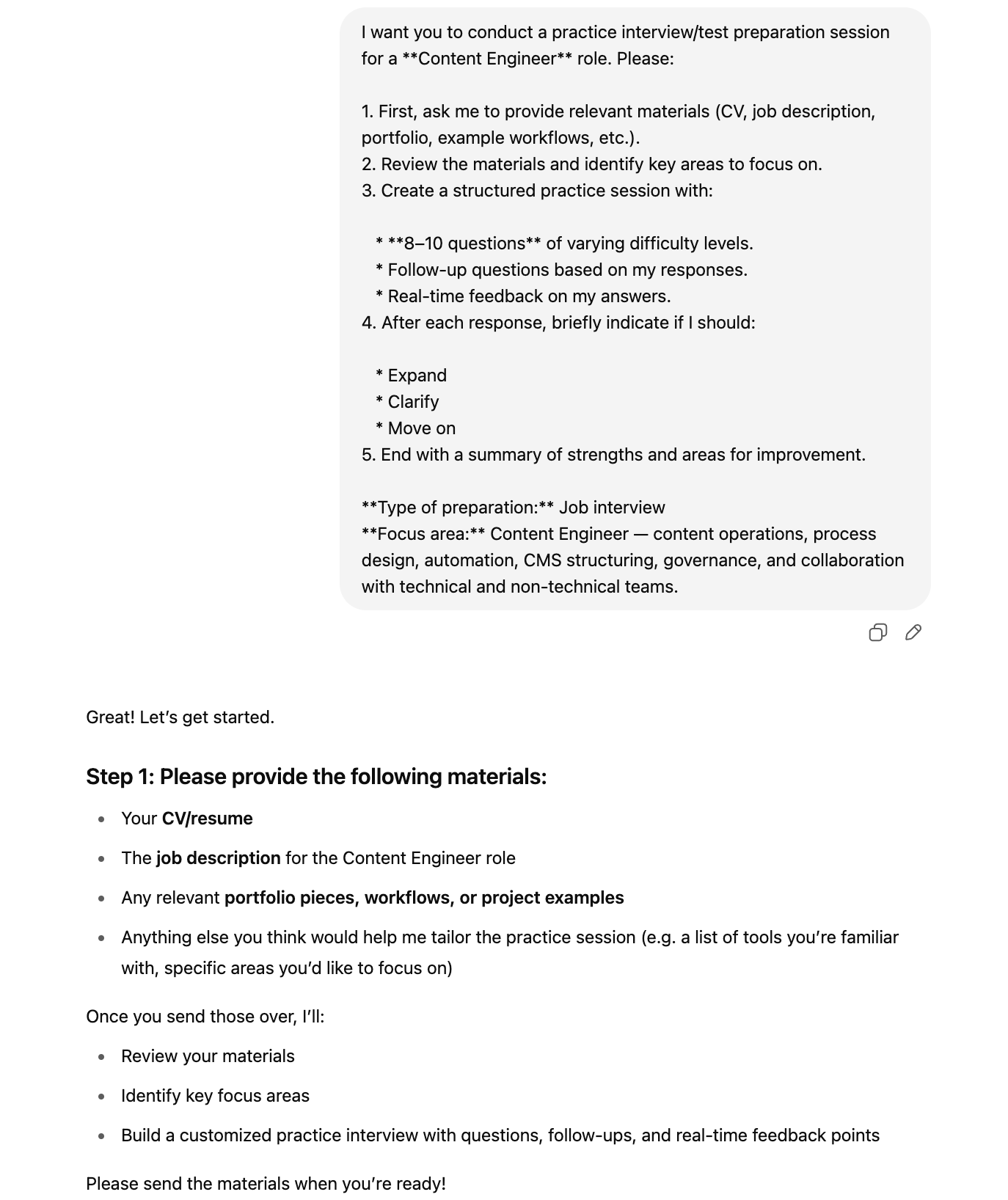 An example of using the interview/test preparation template in ChatGPT