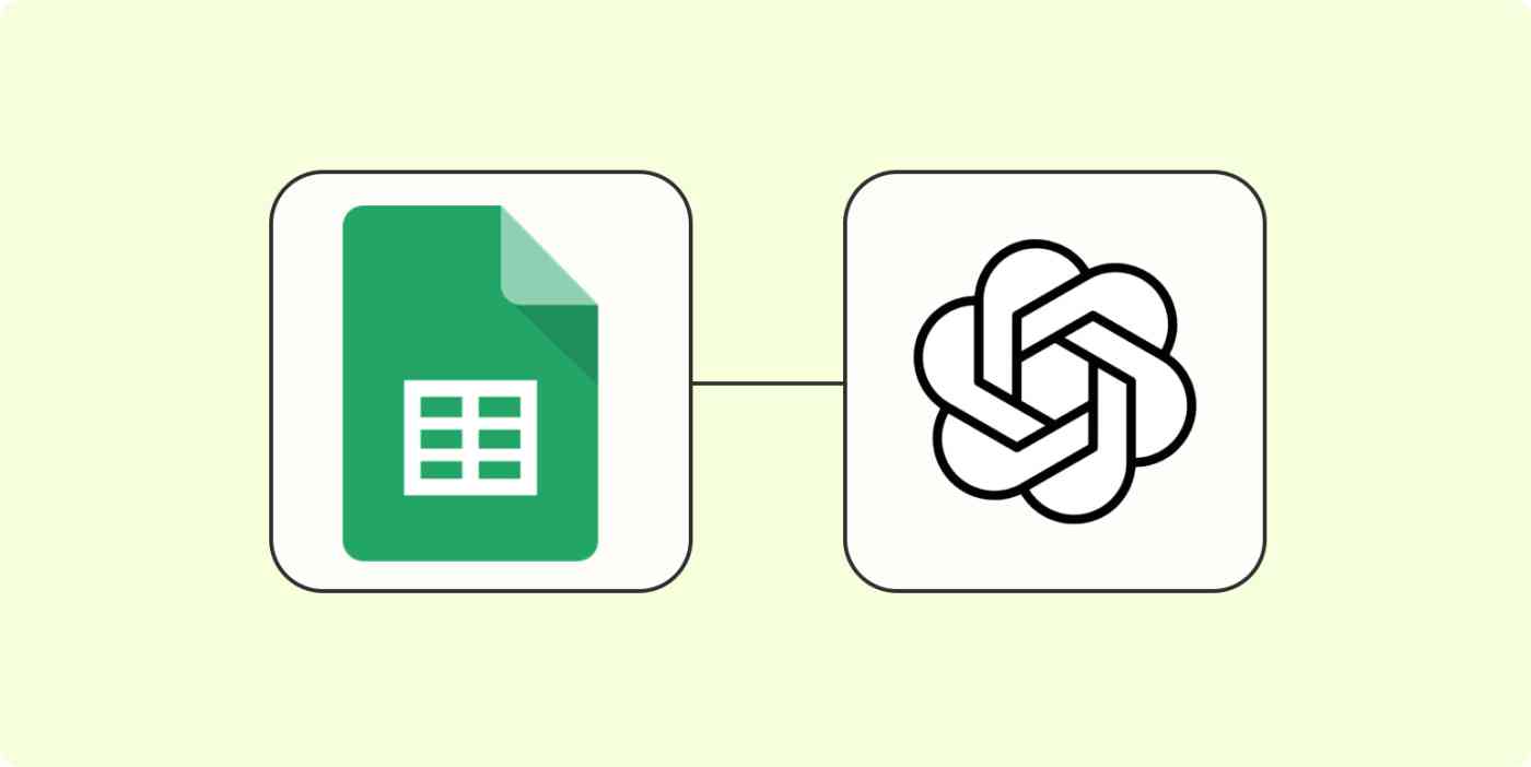 A hero image of the Google Sheets app logo connected to the OpenAI app logo on a light yellow background.