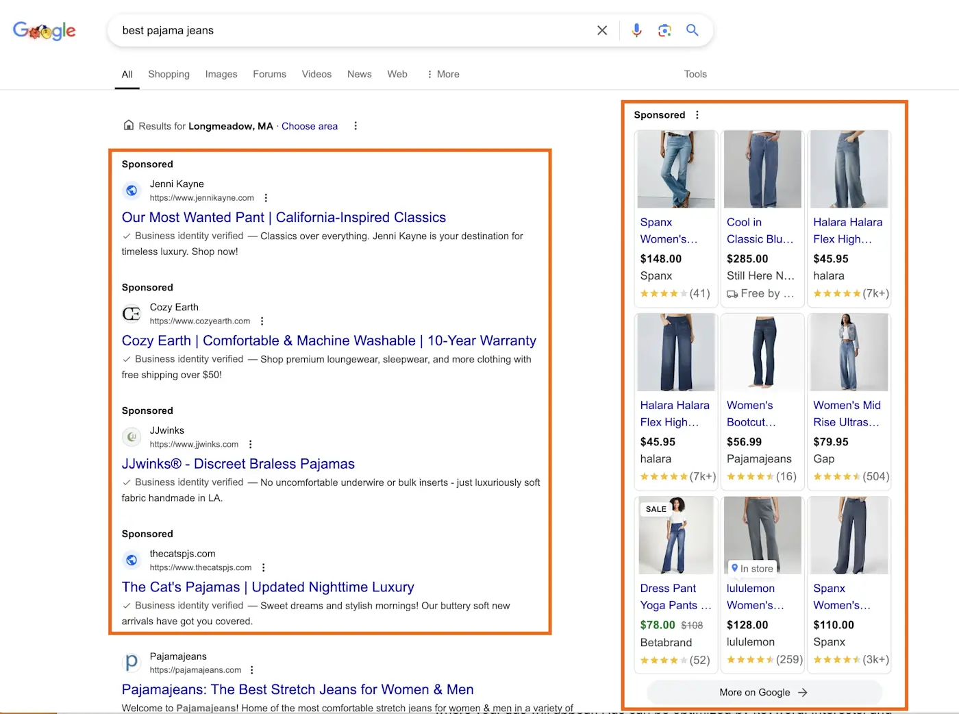 Screenshot of Google search results for "best pajama jeans." The Search and Shopping ads are outlined in orange.