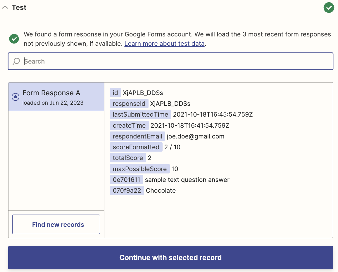 Test data for a Google Form response in the Zap editor.