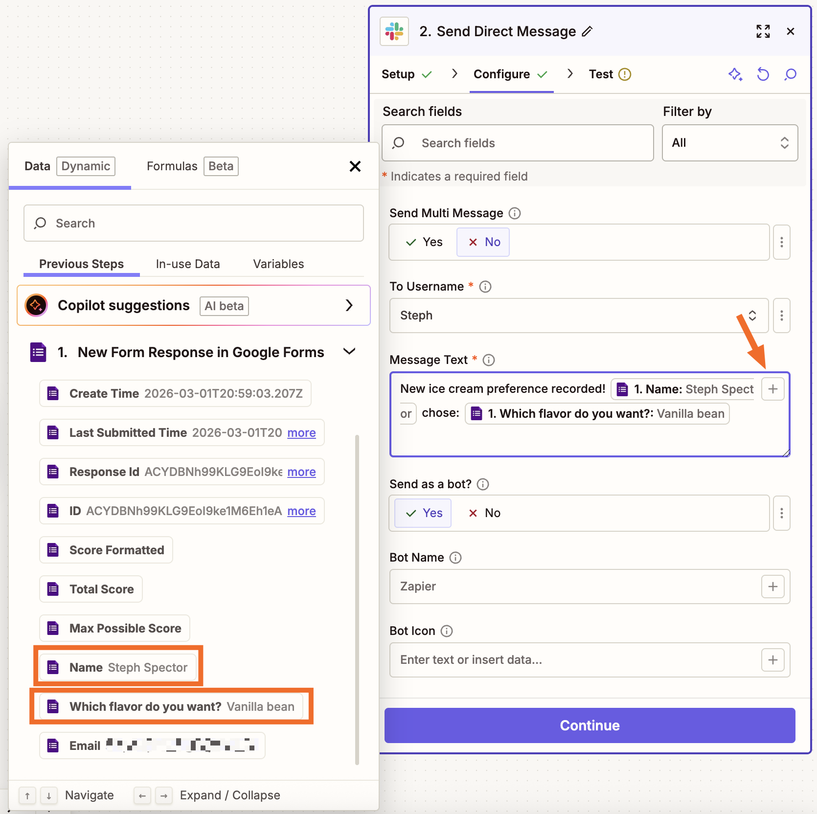Test data for a Google Form response in the Zap editor.