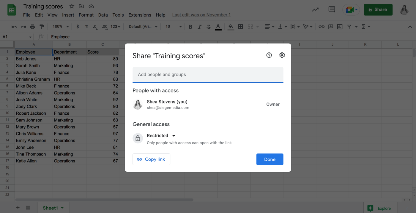 Screenshot of Google Sheets "share" feature showing how you can add people or groups and grant access. 