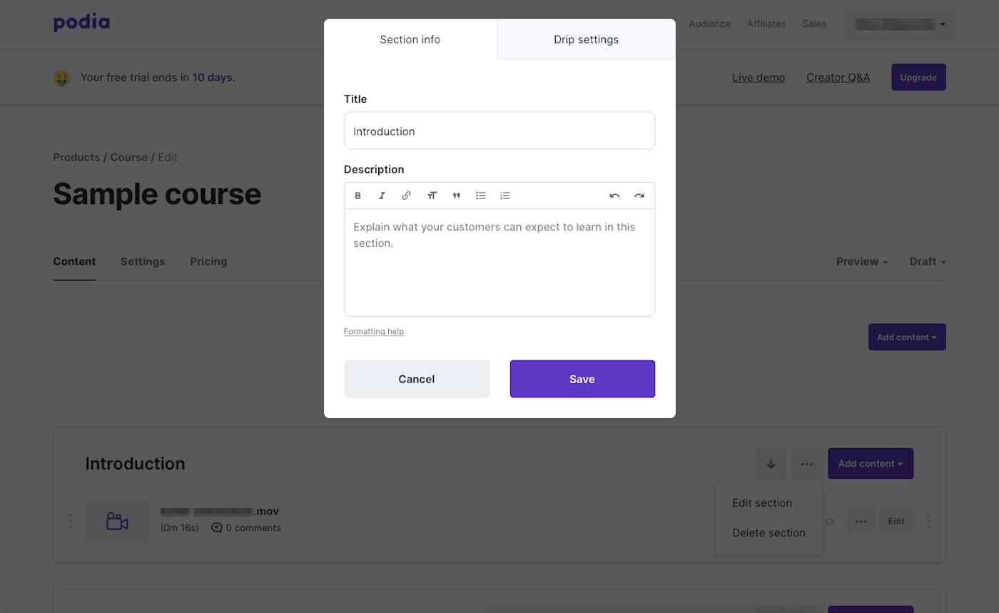 Podia course creation interface Podia course creation interface