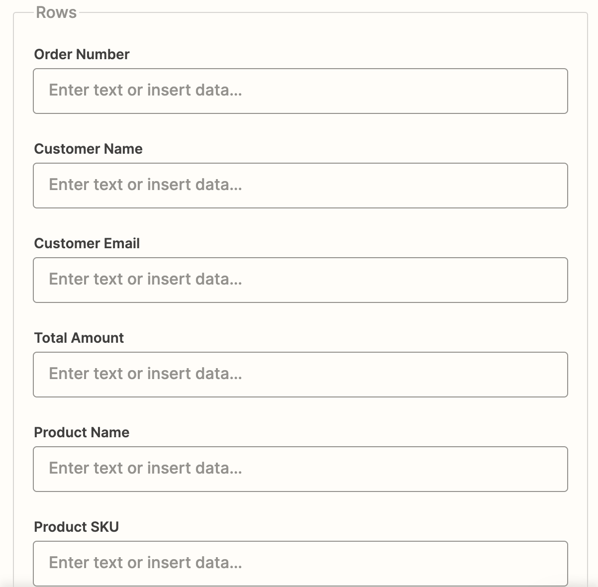 The Zapier editor lists available fields (pulled from Google Sheets column headers)