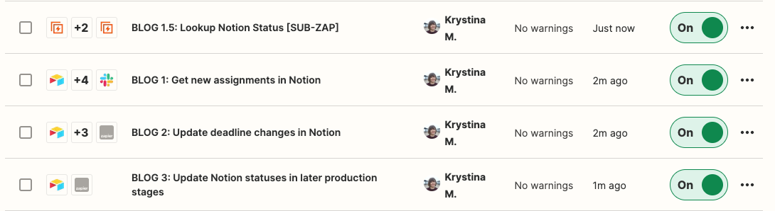 A list of Zaps with titles with prefixes like Blog 1 and Blog 2 that show that the Zaps are in a series.