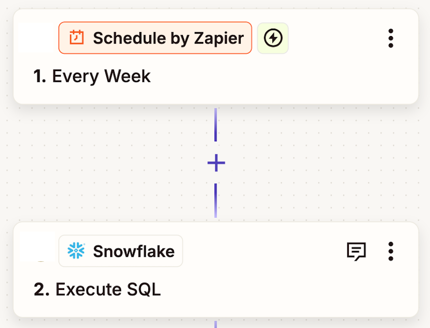 A Schedule by Zapier and Snowflake action steps in a Zap.