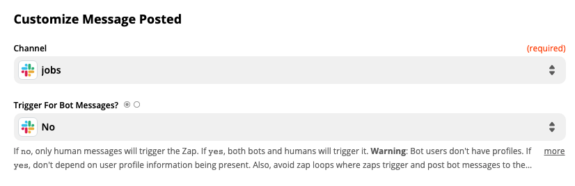 A screenshot of the Customize Slack Message Posted step in the Zap editor.