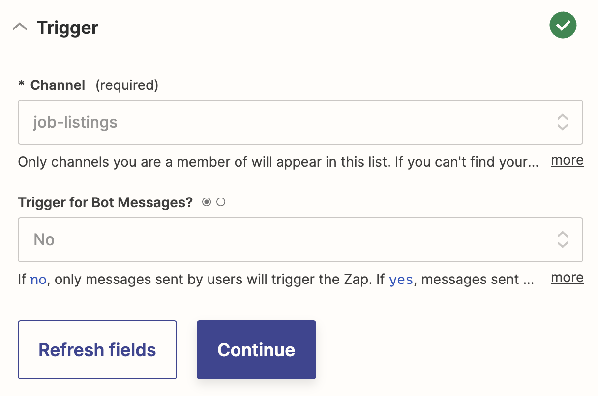 A screenshot of the Customize Slack Message Posted step in the Zap editor.