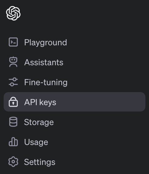 A menu in OpenAI with "API keys" selected.